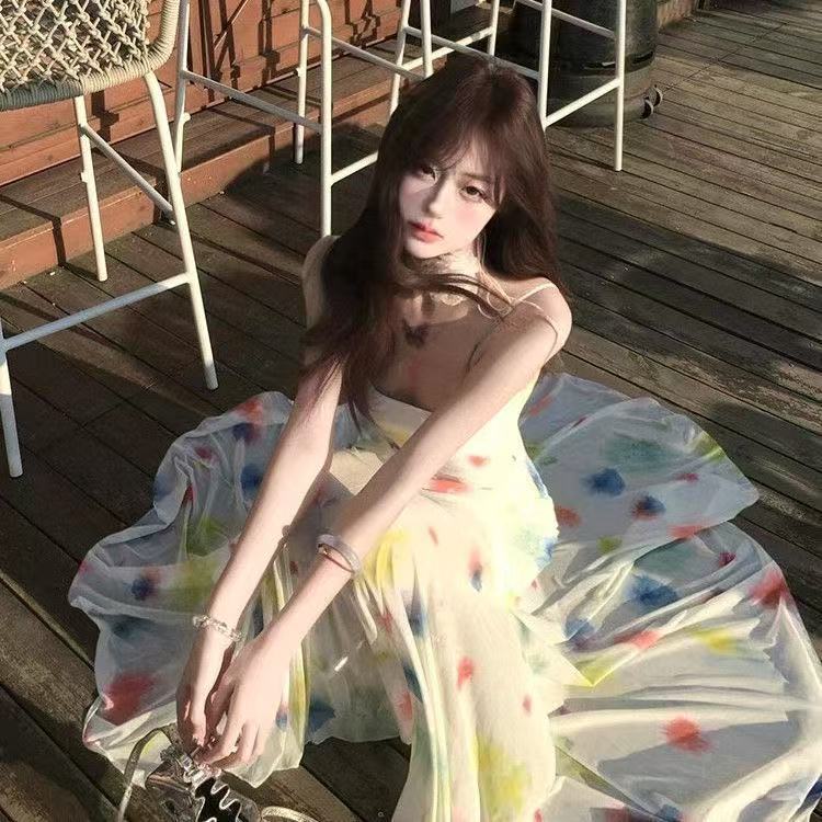 海岛多巴胺沙滩裙女2025新款夏季辣妹网纱巨显身材吊带扎染爆款|undefined