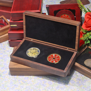 Large Double Coin Box Solid Wood Black Walnut Solid Double Commemorative Coins Gold Coin Commemorative Medals Gift Wooden Box Collection Gift Box