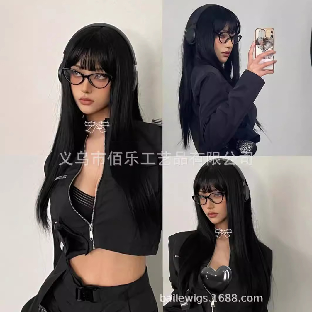 Peluca transfronteriza negra con flequillo pelo largo y liso Xiyin Venta caliente tocado completo fibra química punto de alambre de alta temperatura pelucas al por mayor