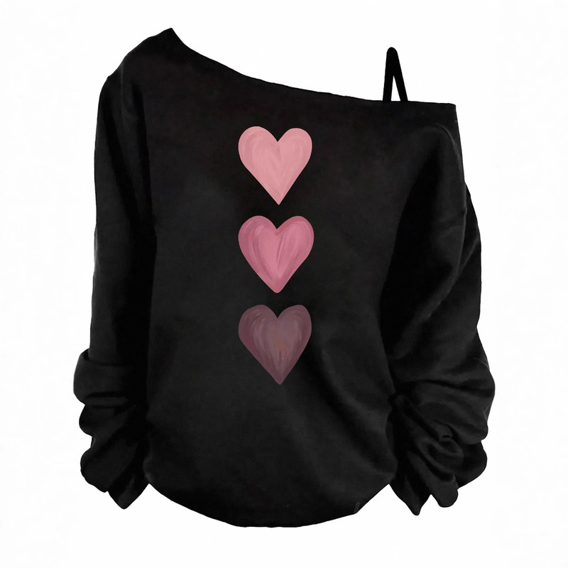 Foreign Trade Women's New Printed Off-Shoulder Long-Sleeved Tops with Heart Festival Elements, Spring, Autumn and Winter Fashionable and Versatile Daily Styles