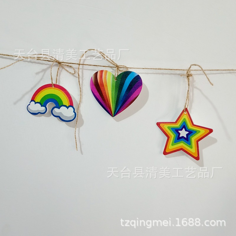 8cm arco iris en forma de corazón mariposa estrella de cinco puntas Arco Iris colgante de madera listado de bodas Día de San Valentín suministros Decoración