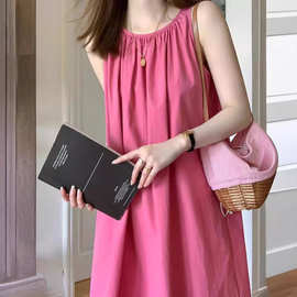 茶歇法式无袖吊带连衣裙女夏季高级感背心A字长裙显白气质树莓红