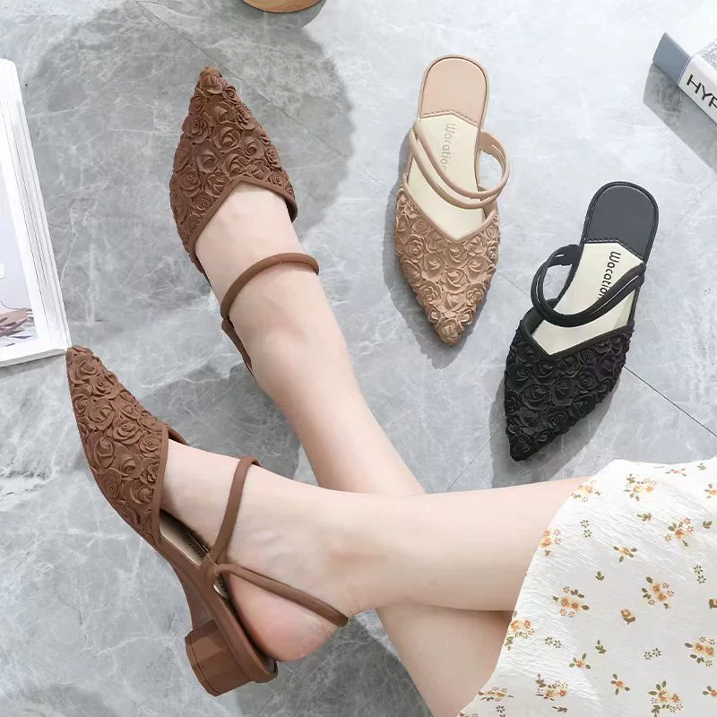 Ж women's slingback с низким блоком каблука, водостойкая пластиковая обувь, верх из цветочков с острым носком, EU 36–40