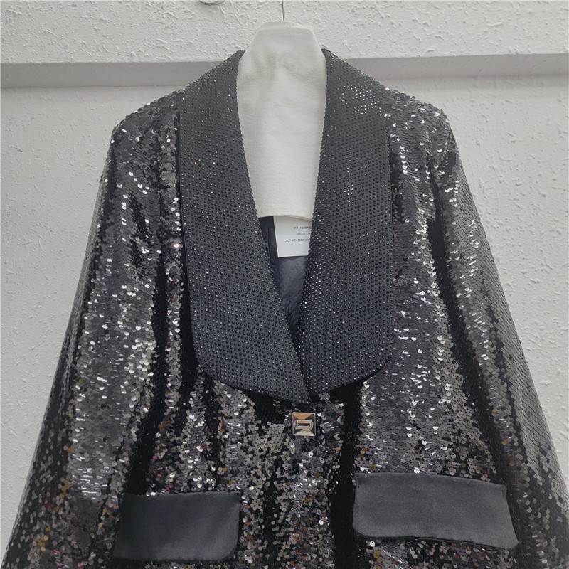 Saco de Vestir Negro Holgado con Lentejuelas de Algodón y Poliéster para Primavera