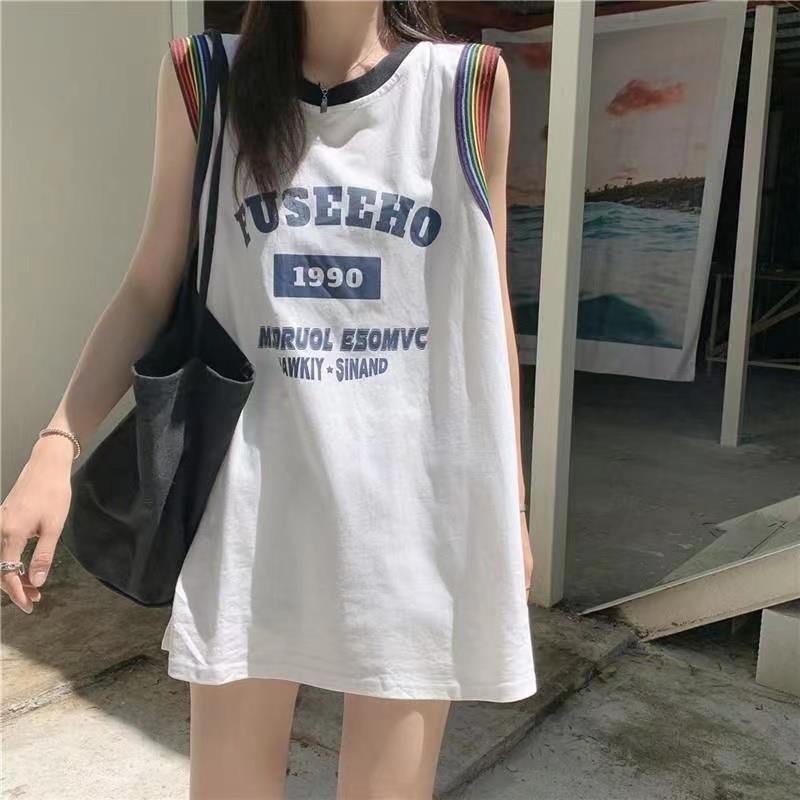Sleeveless T-Shirt Women's Summer Outer Wear Street Style Retro American Basketball Uniform Sports Vest Loose Mid-Length Top