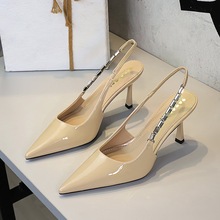 7317-A9 Fashion Banquet Water Diamond Pointed Shallow Mouth Single Shoes for Women's Temperament with Hollow Out and Tripod Strap Thin Heels