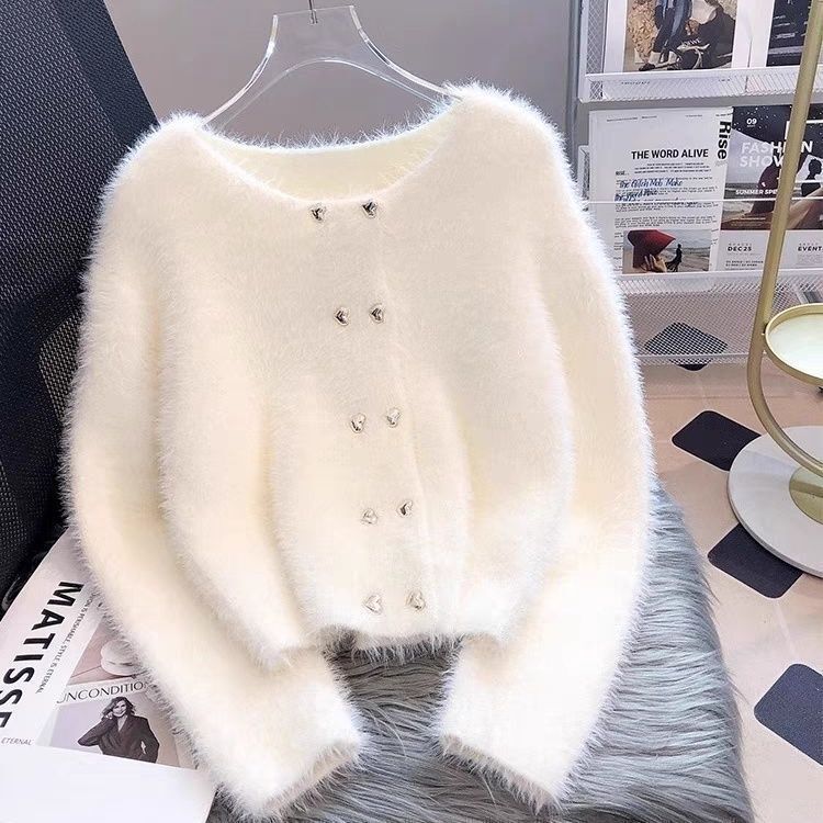 Imitation Mink Velvet Knitted Cardigan Sweater Jacket Women's Spring, Autumn and Winter Short Style 2025 European Style Super Nice