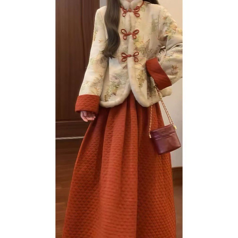 2025过年战衣中国风盘扣保暖棉服外套半身长裙高级新中式女装秋冬|undefined