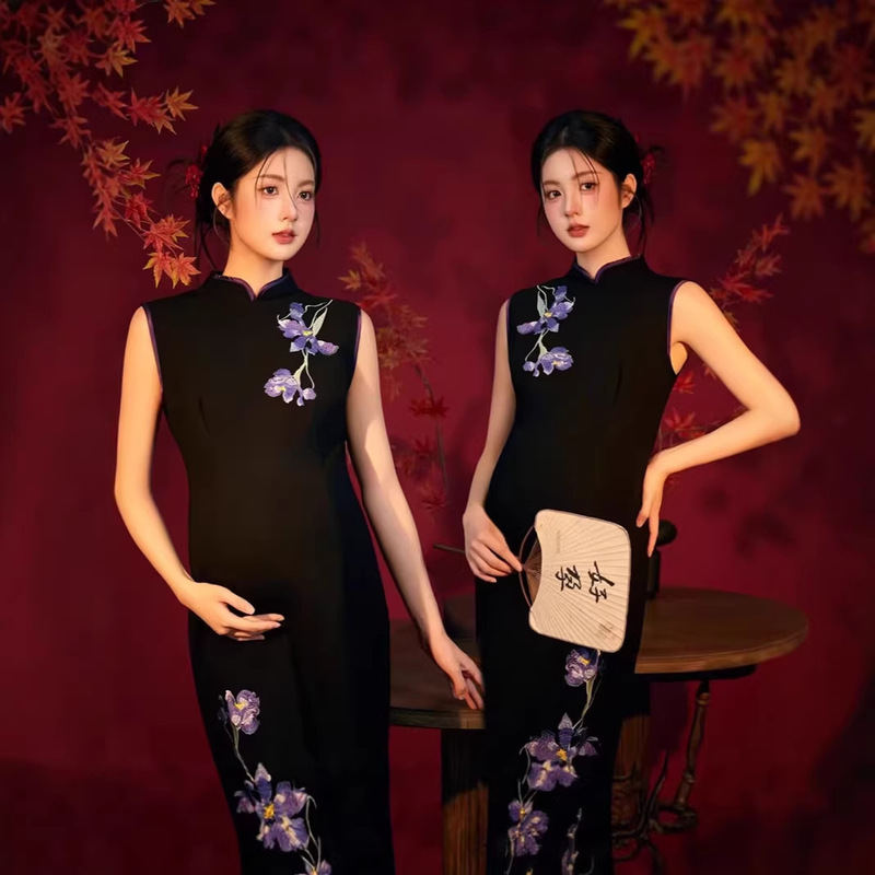 New Style Maternity Qipao for Photo Shoots, Black, Mature and Elegant, Suitable for Indoor Use, Artistic Photography Outfit New Style Maternity Qipao for Photo Shoots, Black, Mature and Elegant, Suitable for Indoor Use, Artistic Photography Outfit