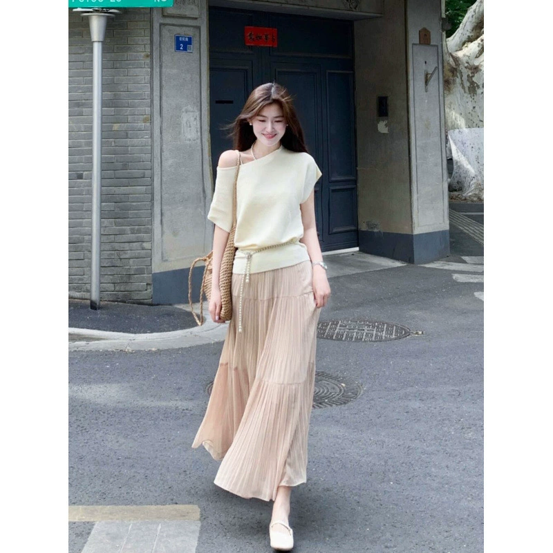 Новая футболка с открытыми плечами и короткими рукавами, однотонный универсальный облегающий топ, женская юбка, летний комплект