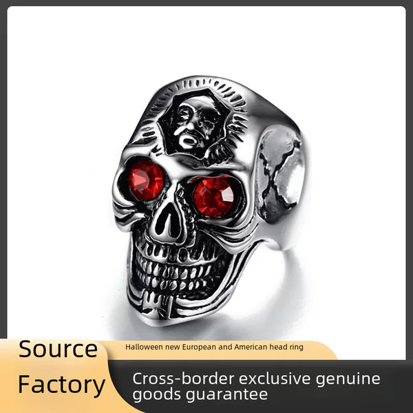 Halloween New European and American Skull Ring Vintage Crack Ghost Ring Rock Set Ruby Men's Ring