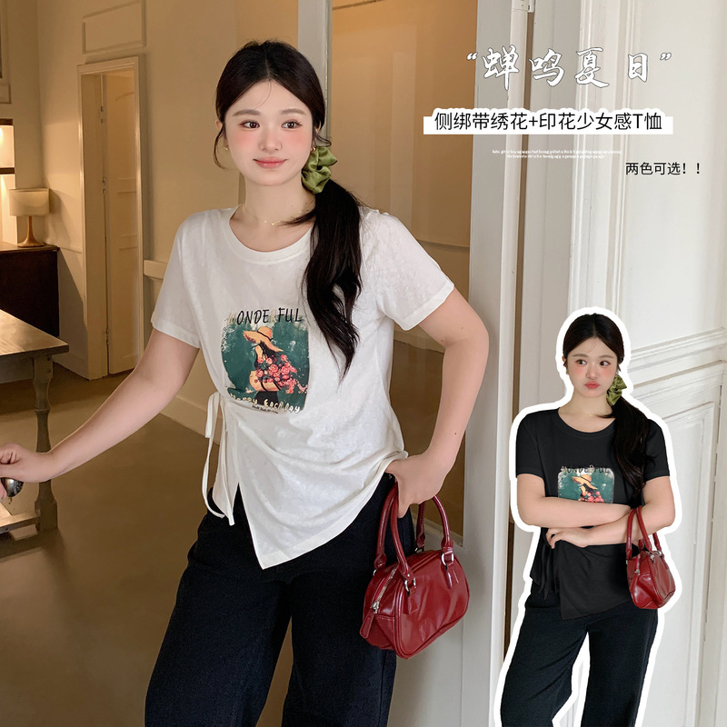 Inno Plus-Size Women's Printed Tie-Up Short-Sleeve T-Shirt 2026 Summer Korean Style Round Neck Versatile Top 275129