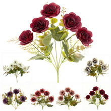 5叉蔷薇仿真花美观逼真玫瑰假花婚庆婚礼家居桌面装饰摄影道具