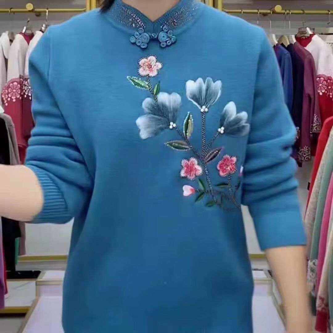 妈妈冬装加绒加厚绣花毛衣一体绒打底衫旗袍领中老年女针织衫上衣