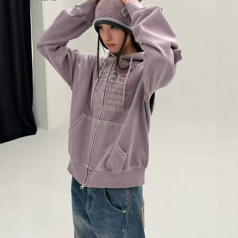 26 Autumn Korean-style washed letter embroidery hooded cardigan, women's loose-fitting sweatshirt jacket, casual style 26 Autumn Korean-style washed letter embroidery hooded cardigan, women's loose-fitting sweatshirt jacket, casual style