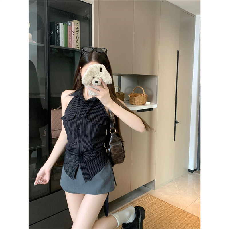 Black Sleeveless Elegant Shirt Top for Women, Summer Korean Style Striped Design Backless Shirt