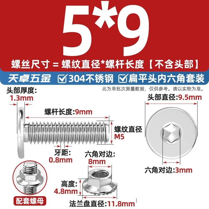 304不锈钢CM大平头超薄头C头扁平头内六角螺丝钉法兰边螺母套装M5|undefined