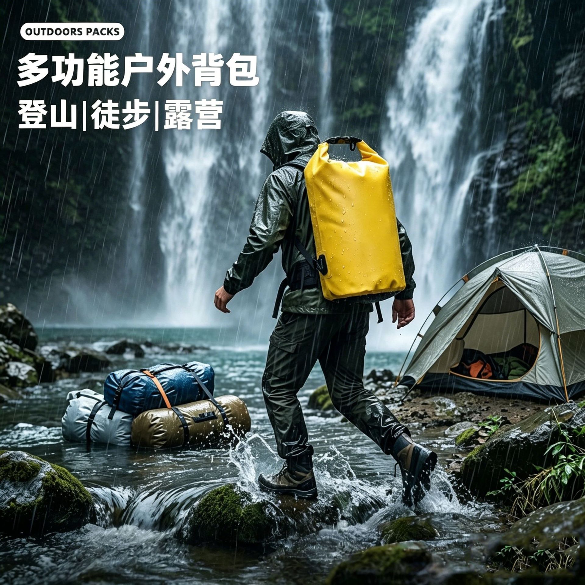 Bright yellow outdoor waterproof bag with roll-top seal, large capacity, specialized for mountaineering, camping, and river rafting