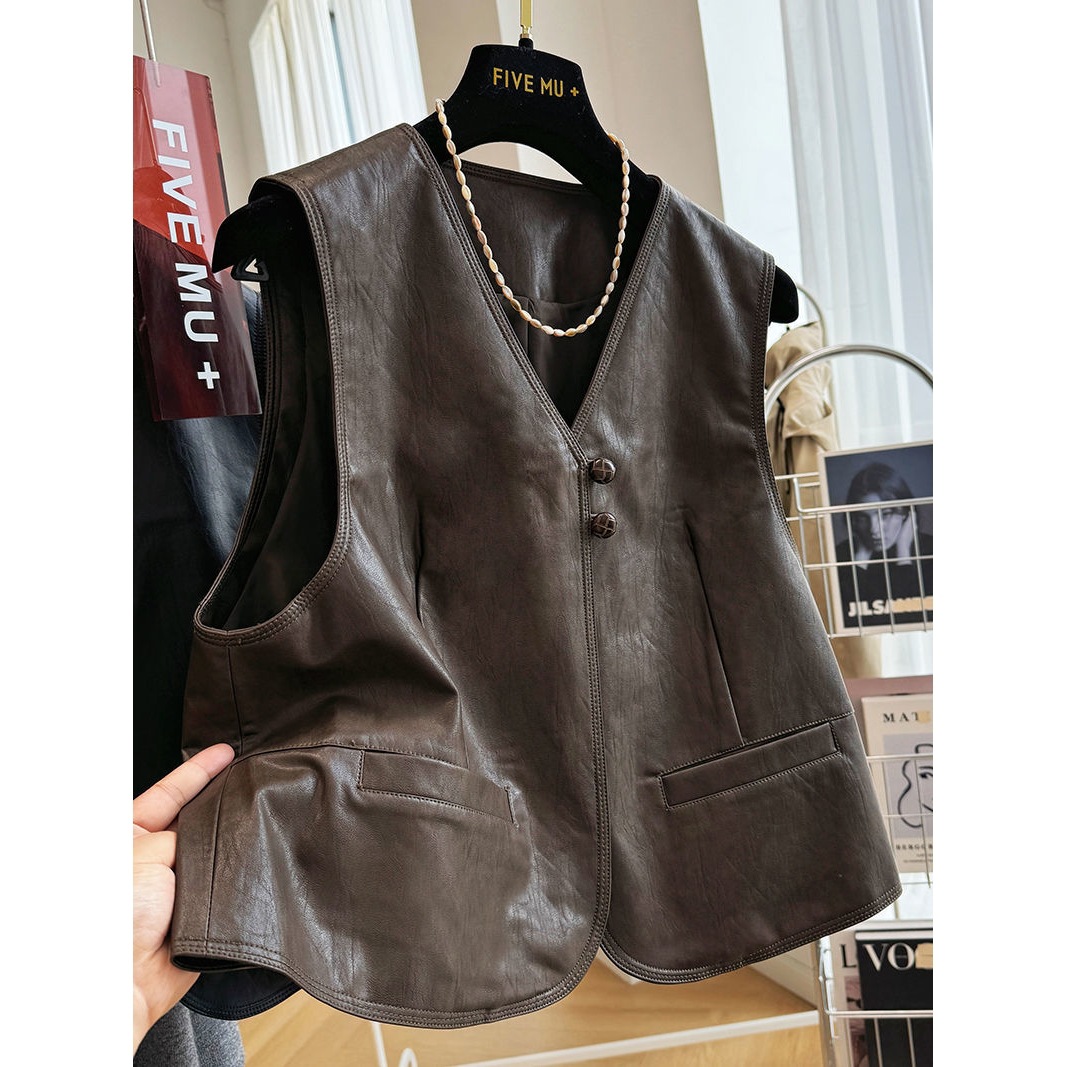 2025 Spring and Autumn Old Money Style Retro Top High-End Super Nice Sleeveless Leather Jacket Pu Leather Vest Vest Jacket for Women
