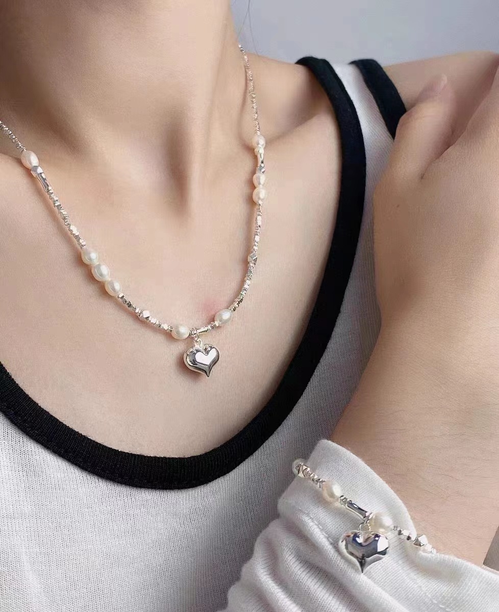 s925银爱心项链珍珠碎银子竹节项链韩版女款锁骨链小众设计高级感