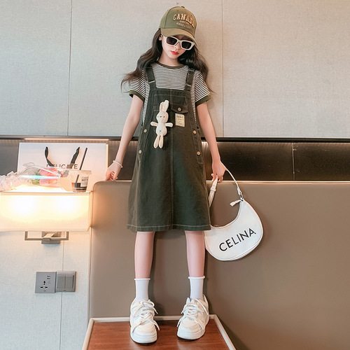 Baby Girl Harness Dress Autumn Set  Korean Style Children's Fashion Cute Dress for Big Kids Spring Outfit Two-Piece Set