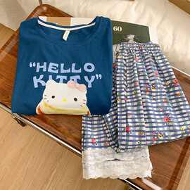 可爱卡通Kitty猫睡衣女春秋季纯棉长袖蕾丝长裤家居服套装可外穿