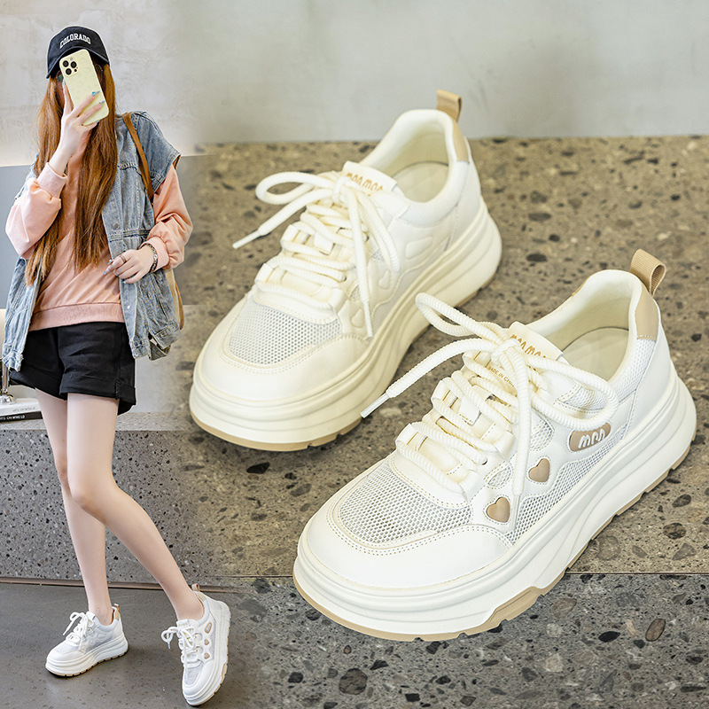 Plus Size Women's Shoes 41-43 Mesh Thick-Soled White Shoes for Women 2025 Spring New Breathable Sports and Leisure Sneakers Trend