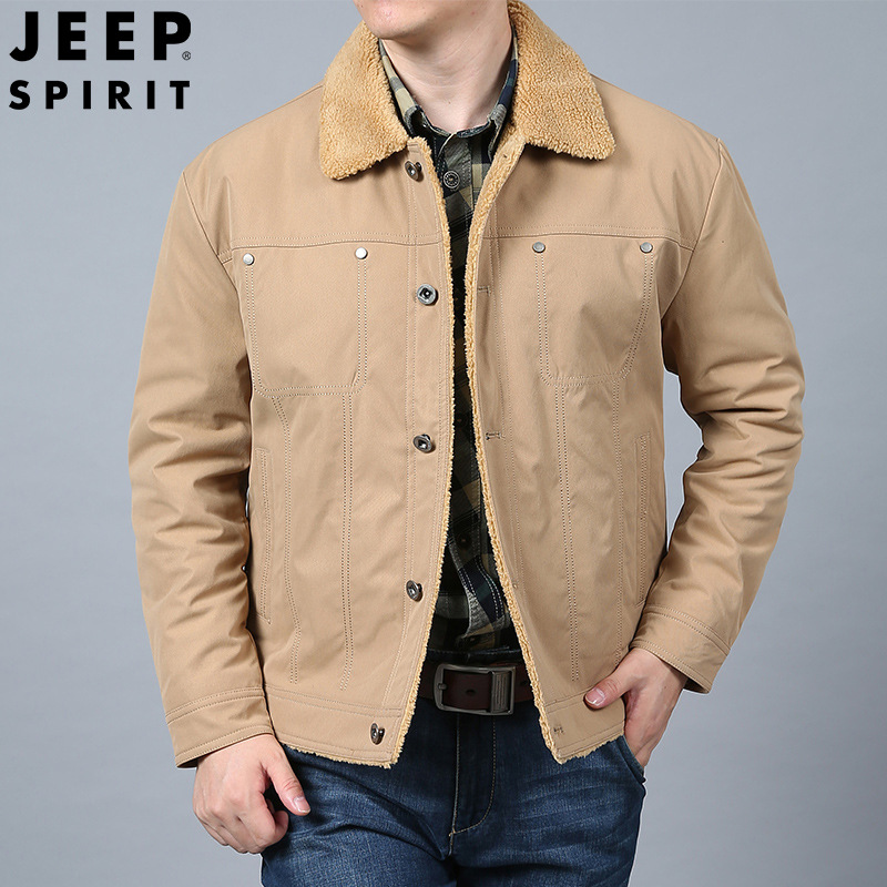 JEEP SPIRIT新款男士加绒夹克棉服翻领宽松多袋大码中青年厚棉衣