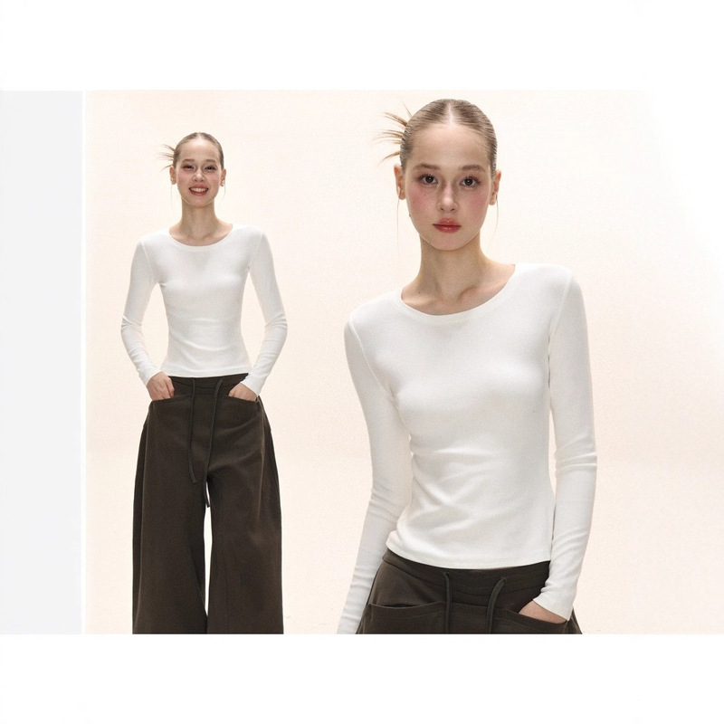 White Right Shoulder Inner Bottoming Long-Sleeved Women's Autumn American Round Neck Basic Slimming Short Top