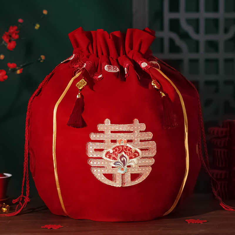 结婚包袱皮刺绣束口福袋女方陪嫁聚宝盆抽拉包裹红布婚庆用品大全|undefined