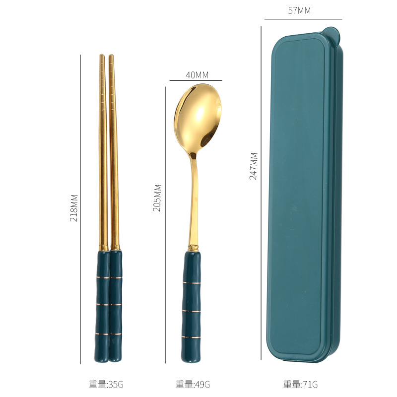 Palillos de acero inoxidable traje de cuchara estudiante vajilla portátil cuchara de tres piezas tenedor caja de almacenamiento de mango de cerámica