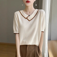 欧品斜v襟氷糸ニット半袖女性2025夏の新しいtシャツデザイン感が小さい