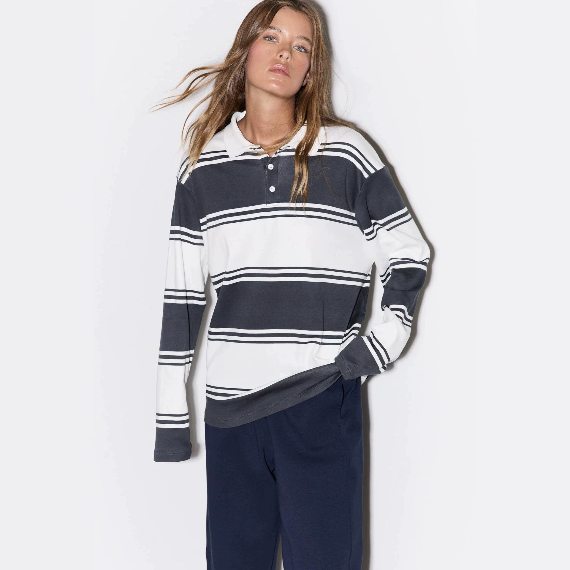 Popular European and American cross-border style gray and white color-blocked striped collar two-button polo shirt, long sleeve, loose and casual women's top