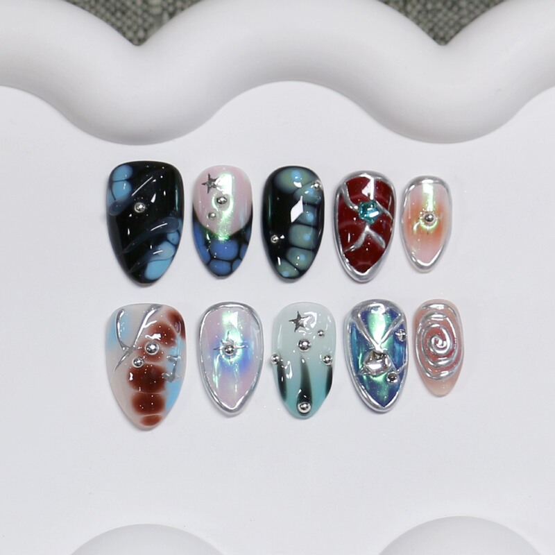 New European and American cyber Y2K millennium-style short almond-shaped handmade press-on nails with aurora cat-eye metallic lines New European and American cyber Y2K millennium-style short almond-shaped handmade press-on nails with aurora cat-eye metallic lines