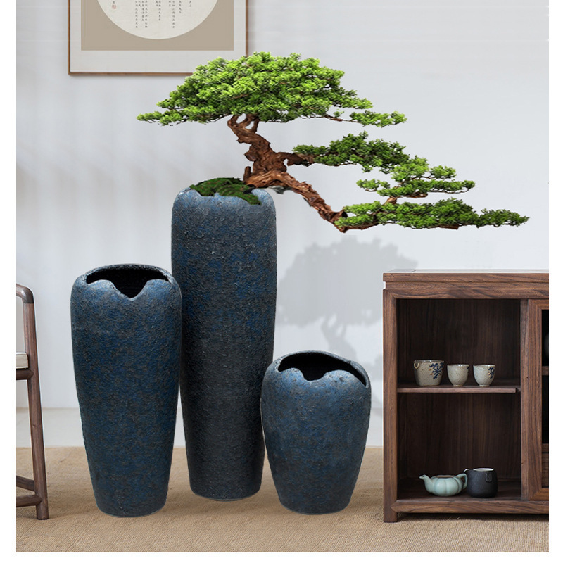 Rough Pottery Retro Jingdezhen Hotel Floor-Standing Large Pottery Vase Ceramic Flower Arrangement Vase Decorative Ornaments Set