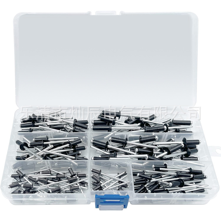 铝抽芯铆钉 180pcs盒装镀黑铝铆钉拉铆钉 圆头抽芯柳钉开口形