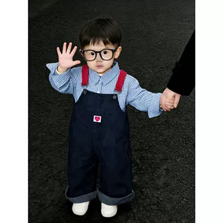 2026春季新款儿童洋气蓝色格子衬衫男女宝韩版休闲牛仔背带裤套装