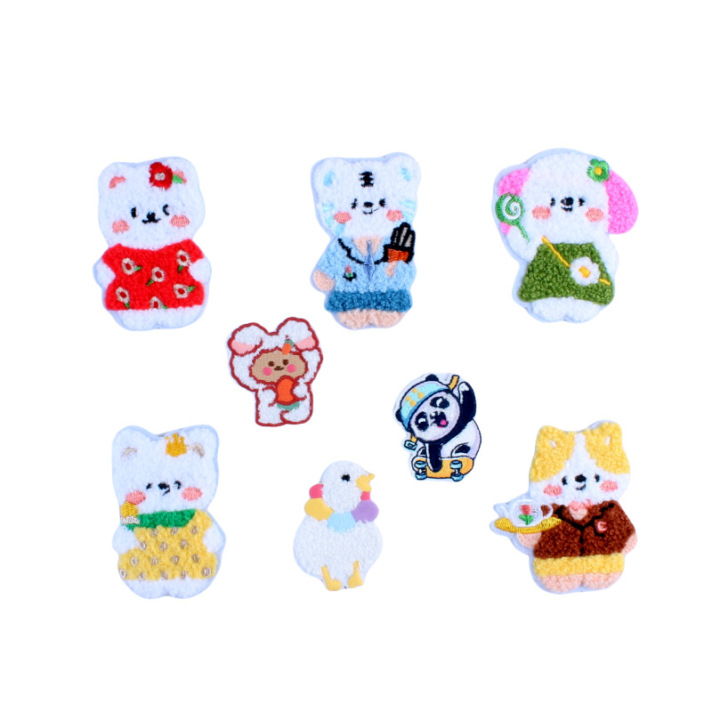 卡通毛绒布贴熨烫毛巾绣猫咪鸭子贴花童装书包装饰补丁洞贴跨境章