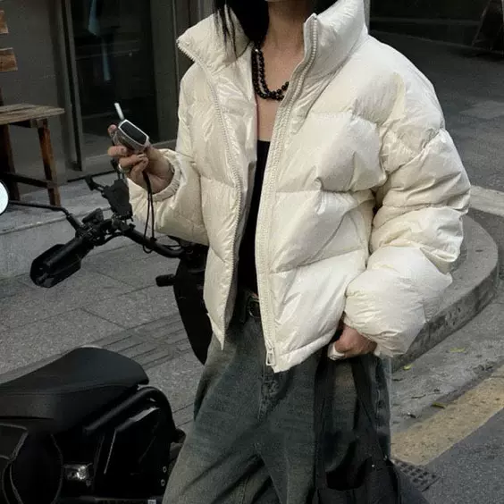 潮牌亮面免洗立领宽松休闲风女宽松黑色棉服国标白鸭绒面包羽绒服