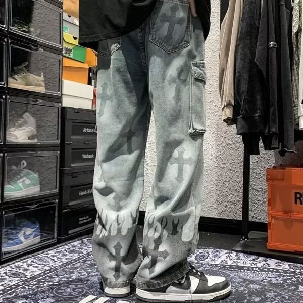 American High Street Men's Jeans with Cross Flame Splatter Design, Japanese Trendy Brand, Stylish Straight-Leg Pants, Wholesale Dropshipping