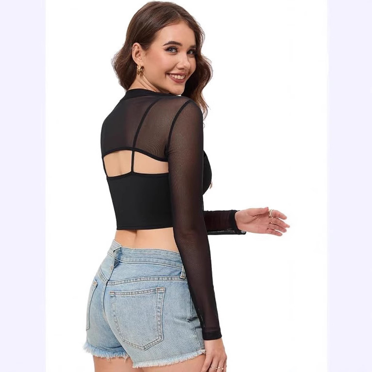 Women's Mesh Cropped Top Long-sleeved Enterprise Collar Transparent Short Top Slim-fit Perspective Sexy T-shirt Club