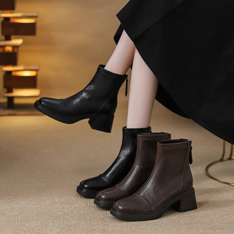 Thick-Heeled Fleece-Lined Short Boots for Women 2025 Autumn New Height-Increasing Thick-Soled Martin Boots for Small People French and Nude Boots Slim Boots