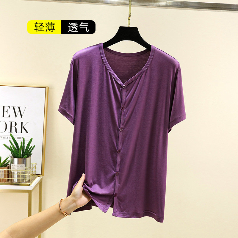 Short-Sleeved Modal Button-Down Cardigan for Women Plus Size Outer Wear V Neck Casual T-Shirt Loose Thin Home Wear Ice Silk Top Short-Sleeved Modal Button-Down Cardigan for Women Plus Size Outer Wear V Neck Casual T-Shirt Loose Thin Home Wear Ice Silk Top