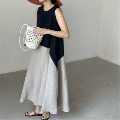 9533 韓国シックなラウンドネックコントラストカラースプライシングルーズ膝上ロング大スイング綿とリネンベストドレス女性のための