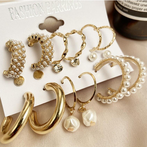 European and American inlaid pearl earrings for women, creative French retro gold earring set 9-piece set