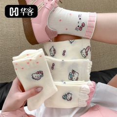 * かわいいkitty * 春夏学院かわいいアニメ猫靴下女性リボンレース中筒靴下スタッキングソックス