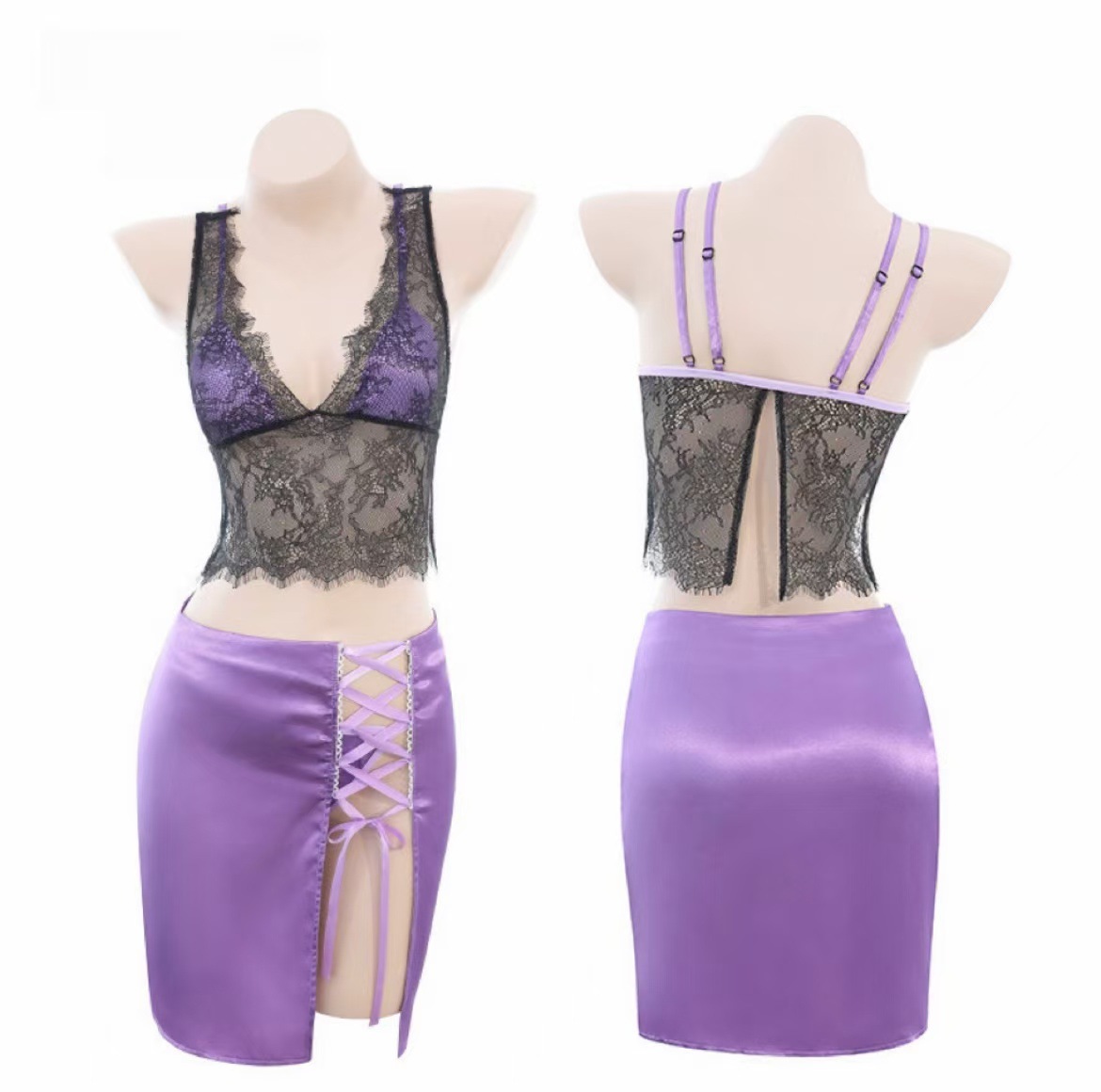 Purple Deep V Mesh Cheongsam-Style Lingerie Set with Top, Skirt and Panty — detail image 6