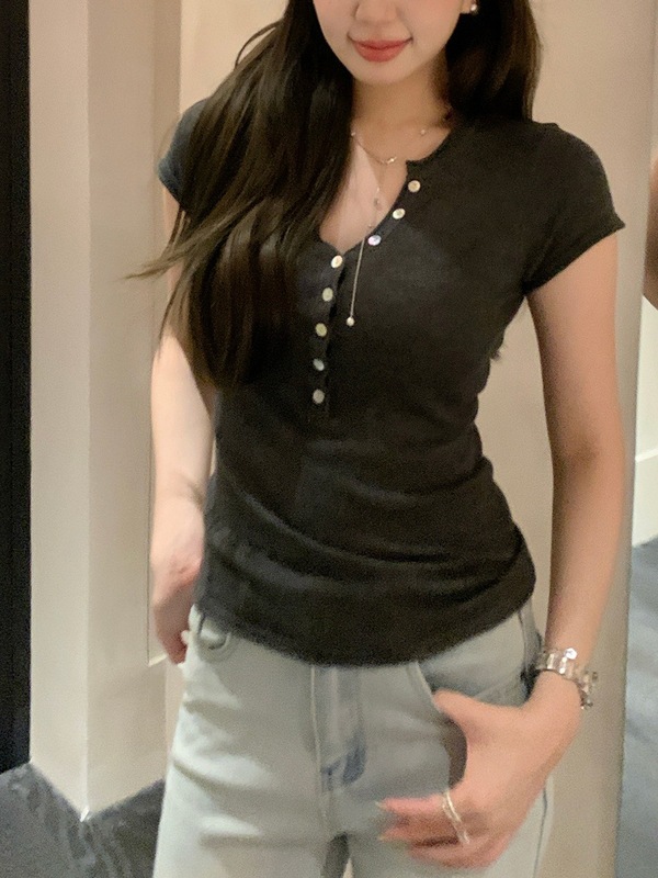 至简主义亨利领短袖t恤女新款夏季修身显瘦上衣|undefined