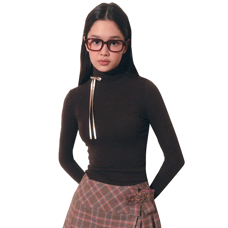 Y23tp668 mujeres europeas y americanas otoño Amazon nuevo color sólido cuello alto dedo conjunto manga larga encaje-arriba camiseta para mujeres