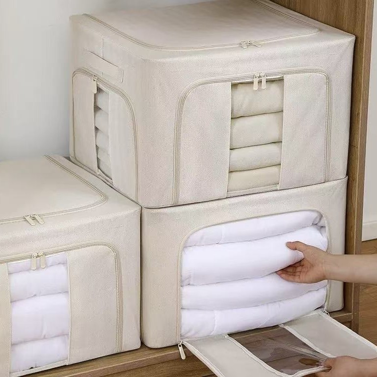 [Loulan] 5.0 Steel Frame 66-Liter Herringbone Pattern Household Wardrobe Storage Box for Organizing Clothes and Quilts, Washable